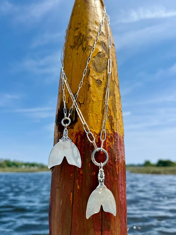 Large Sterling Silver Hammered paperclip Chain, Fish Necklace, Spoon necklace, Round Push Clasp, Mermaid Tail, Fish Tail, Necklace