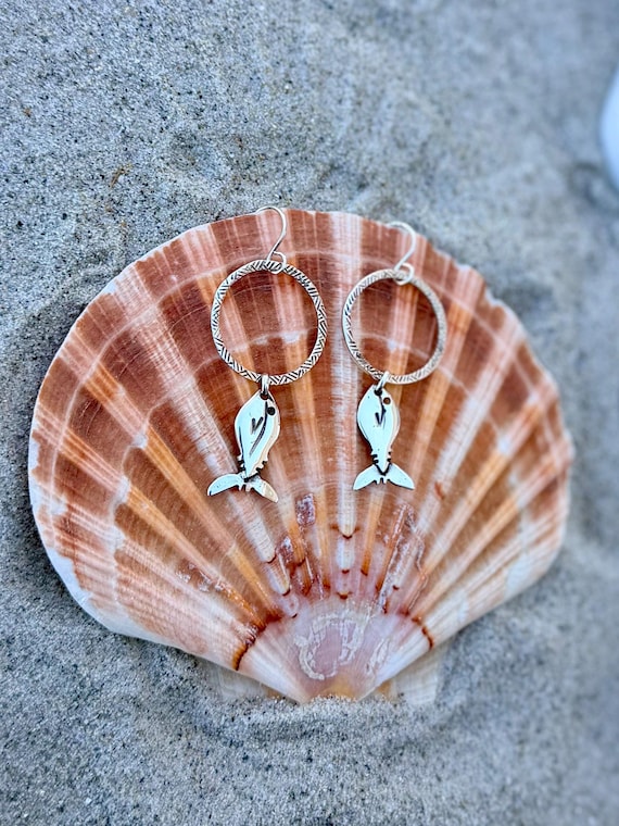 Sterling Silver 1" Hoop Earrings, Fish Drop, Vintage Spoon Earrings