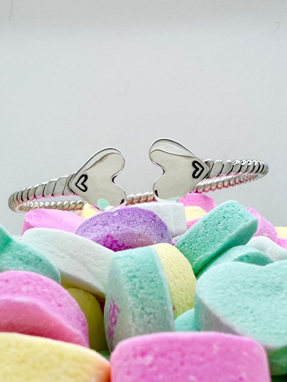 Hearts bangle, Sterling Silver Spoon Bangle Bracelet, Wrap, Stackable, twist