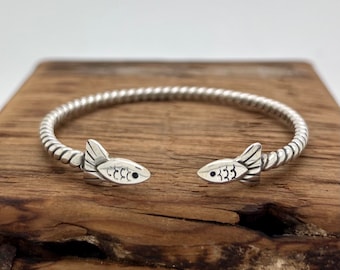 Made to order, Mini Kissing Fish Rope Bracelet, Sterling Silver Spoon Bangle Bracelet, Wrap, Stackable