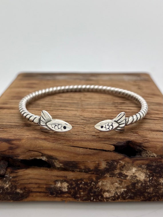 Made to order, Mini Kissing Fish Rope Bracelet, Sterling Silver Spoon Bangle Bracelet, Wrap, Stackable