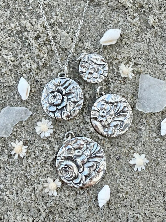 Sterling Disk Necklace, Floral, Knife Handle, Rose