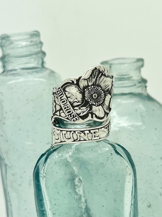 June spoon ring, sterling silver vintage, Wild Rose, Cancer