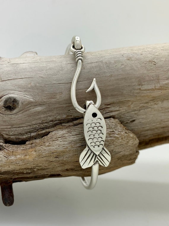 Made To Order, Hooked Fish, Sterling Silver Spoon Bangle Bracelet, Wrap, Stackable, Fish Hook