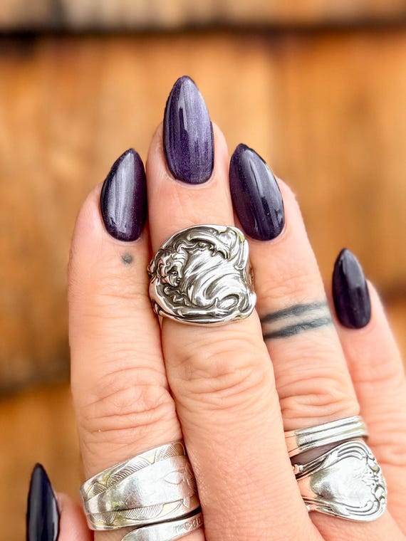 Vintage Sterling Silver Spoon Ring, Mermaid, Secret of the Flowers, lady, fish