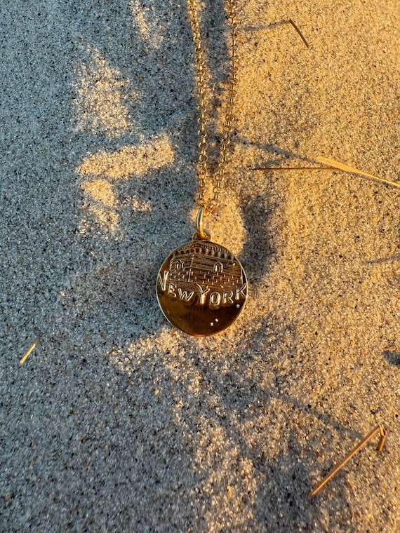 Gold Vermeil, Vintage Spoon Necklace, New York, coin, medallion, disk