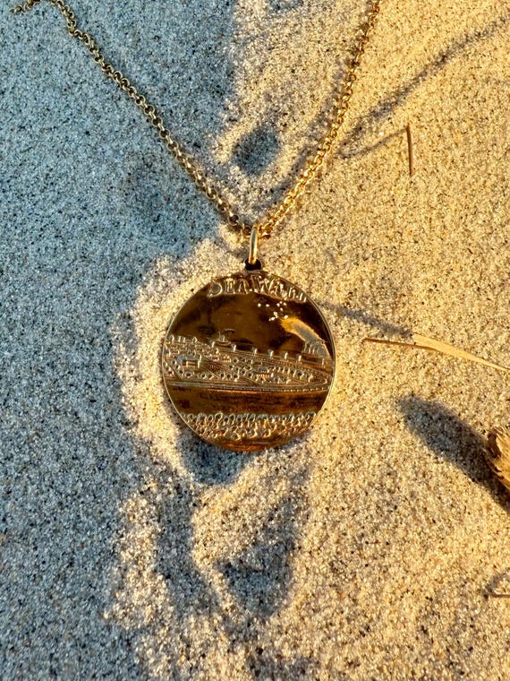 Gold Vermeil, Vintage Spoon Necklace, Sea Wall, coin, medallion, disk