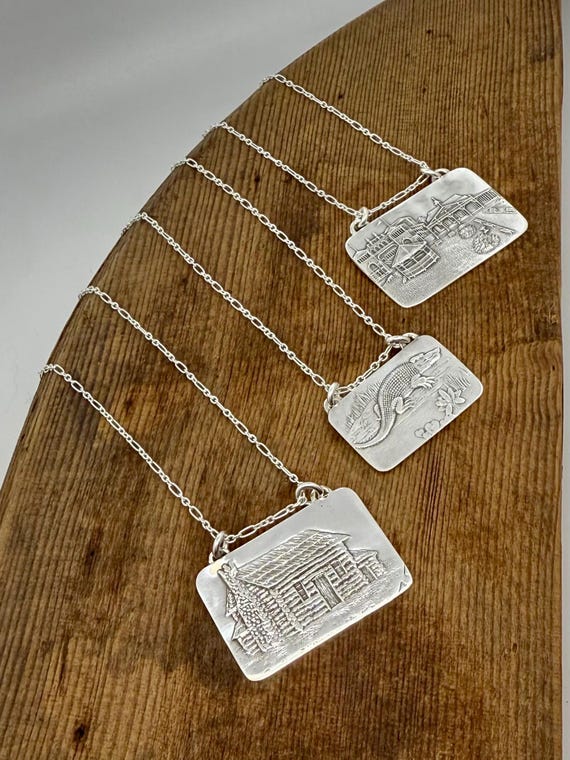 Vintage Sterling Silver, Block Necklace, Bar Necklace, Picture Necklace