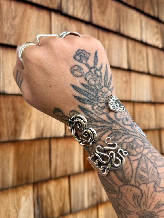 Sterling Silver Fork Cuff Bracelet, Wave, Swirl, heart