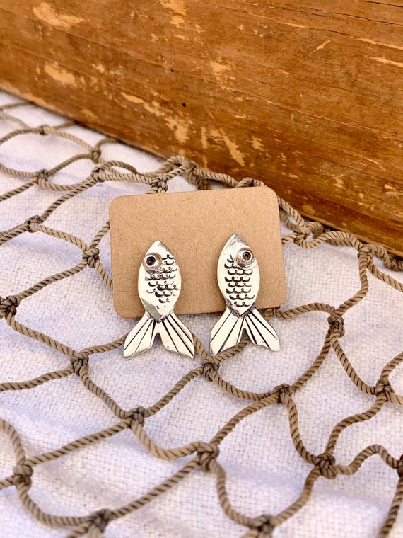 Sterling Silver Spoon Stud Earrings, Fish