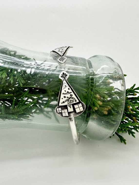 Sterling Silver Spoon Bangle Bracelet, Tree, Christmas Tree, Stackable
