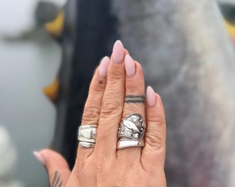 Vintage Sterling Silver Spoon Ring, Nautical, double sided pattern, Tuna
