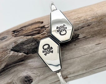 Coffin Bangle, Skull and Cross Bones, Sterling Silver Spoon Bangle Bracelet, Wrap, Stackable