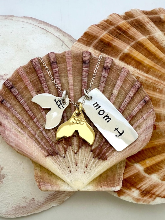 Mom Tag Necklace, Mermaid Tail, Mommy, Children Tag, Fish Tail, Mix Metals