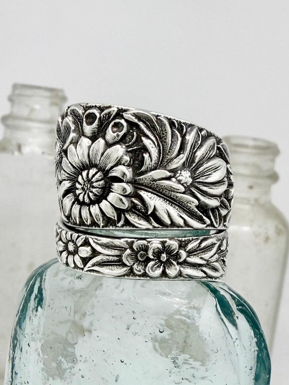 Vintage Sterling Silver Floral Spoon Ring, Repoussé