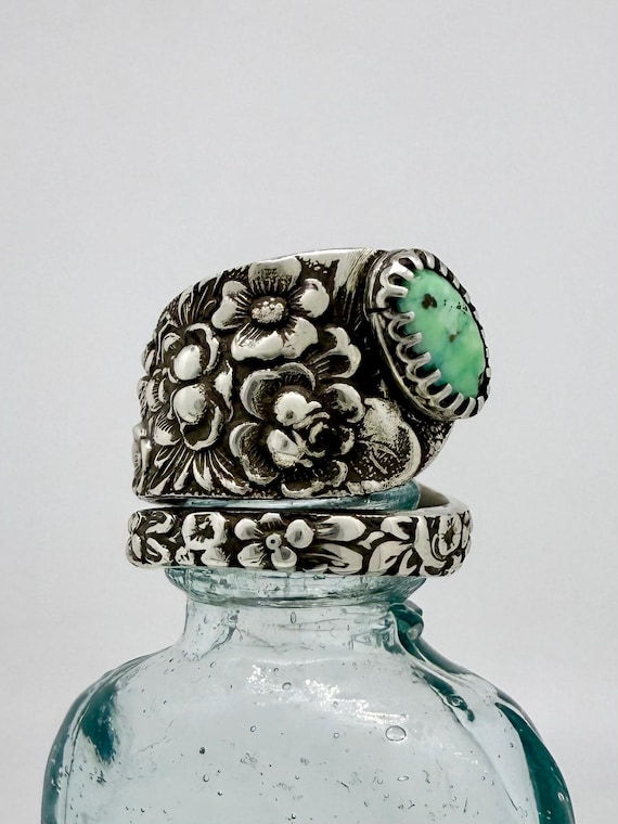 Vintage Sterling Silver Spoon Ring, Turquoise, Vintage, Upcycle
