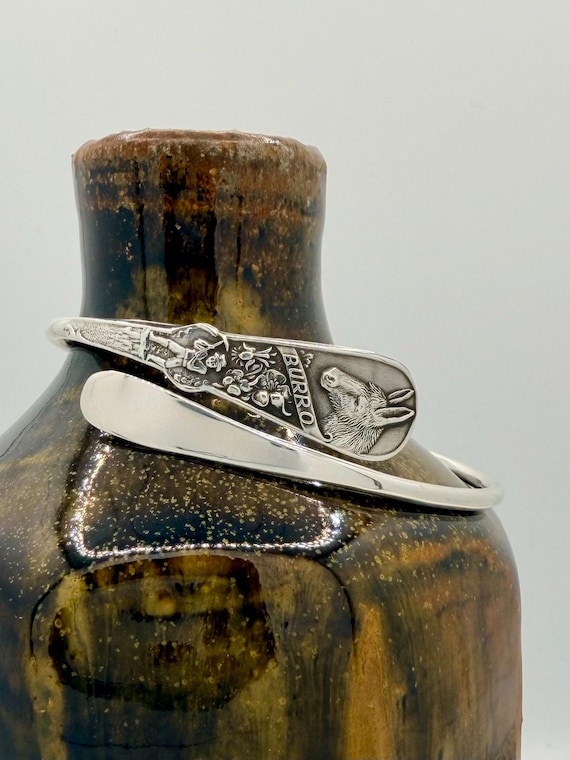 Sterling Silver Spoon Bangle Bracelet, Wrap, Stackable, Donkey, Burro, Mule