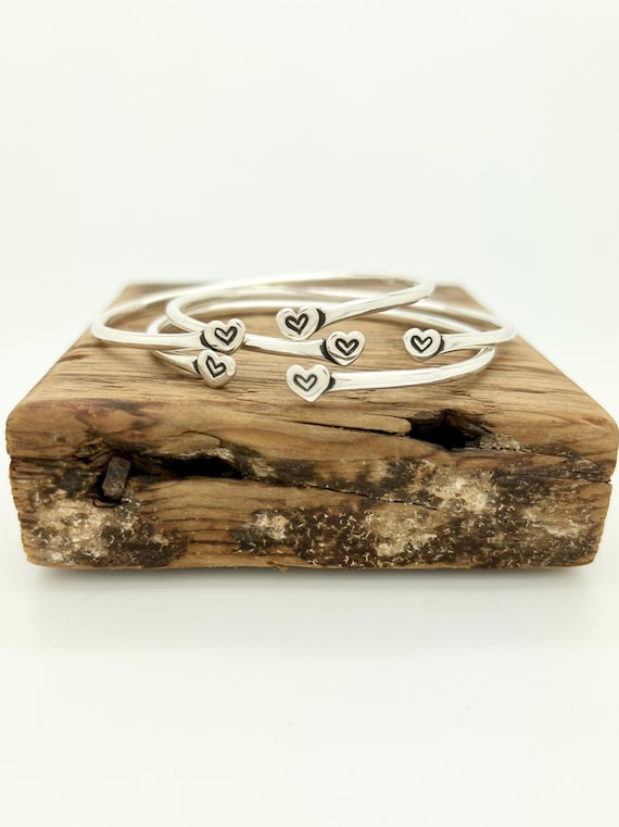 Mini Heart Bangles, Sterling Silver Spoon Bangle Bracelet, Wrap, Stackable