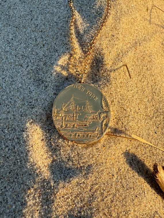 Gold Vermeil, Vintage Spoon Necklace, New York, coin, medallion, disk