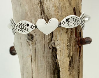 Customized Size, Made to Order, Love Fish, Sterling Silver Spoon Cuff Bracelet, Stack Bracelet