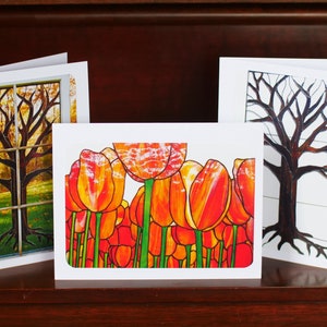 Juego de 10 tarjetas de felicitación ~ Láminas de vitral "Campo de tulipanes" ~ Interior en blanco