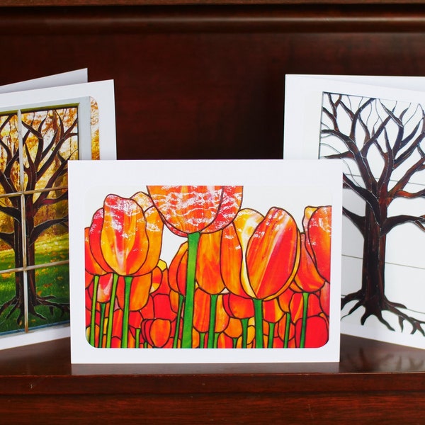 Set of 10 Greeting Cards ~ "Tulip Field" Stained Glass Art Prints ~ Blank Inside