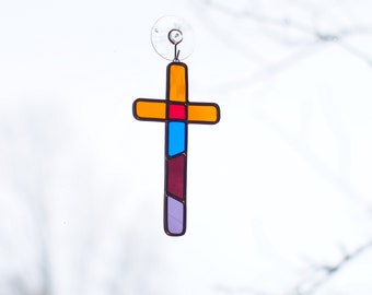 Small Multicolored Cross Stained Glass Sun-Catcher