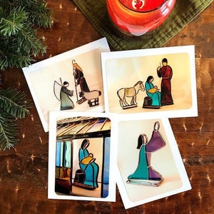 Lot de 8 cartes de voeux ~ Impressions d'art de la crèche de Noël en vitrail ~ Intérieur vierge