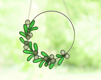 Mistletoe Stained-Glass Hanging Wreath