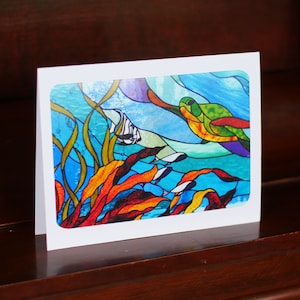 Verschiedene individuelle Grußkarten ~ "Wasserschildkröte, ""Glasbaum", "Dogwood Blüten" und ""Tulpen"" Glasmalerei Kunstdrucke ~ innen leer."