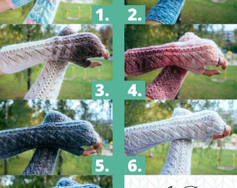 ピンク＆レッドのウール指なし手袋：ニットリストウォーマー