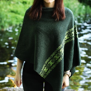 Green poncho LAIMA | Knitted cape poncho | Scandinavian pattern Latvian design