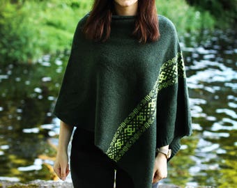 Green poncho LAIMA | Knitted cape poncho | Scandinavian pattern Latvian design