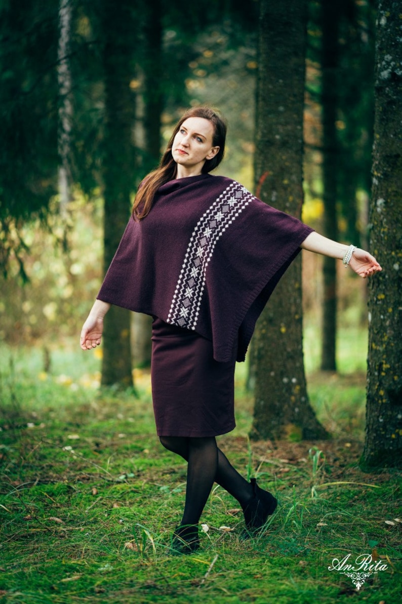 Knitted poncho AUSEKLIS Knitted shawl, cape with Scandinavian pattern Latvian Folk design Different colours image 7