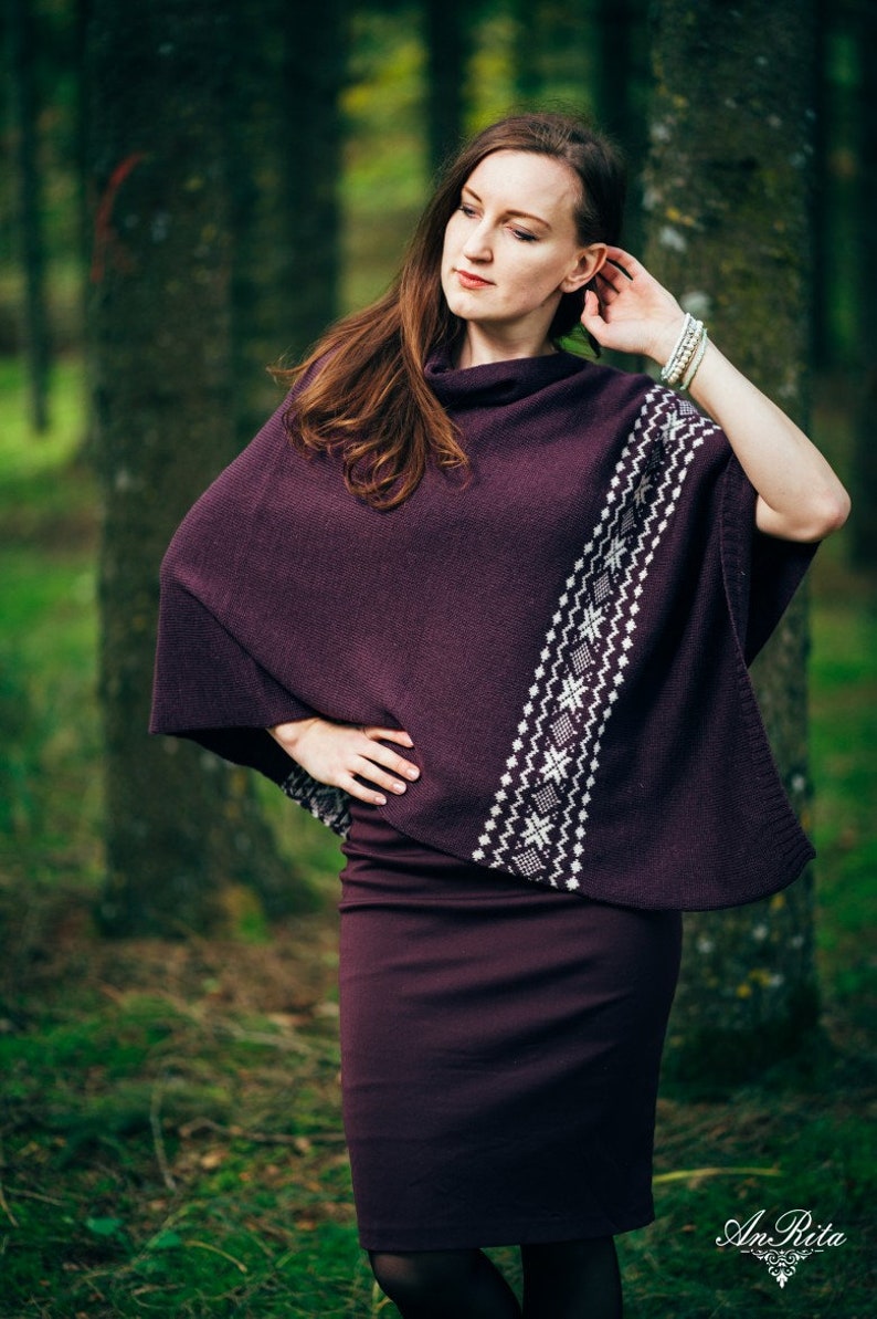 Knitted poncho AUSEKLIS Knitted shawl, cape with Scandinavian pattern Latvian Folk design Different colours image 5