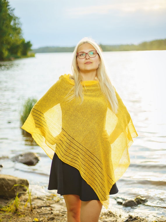 Yellow Pure Linen Pancho Cape Yellow Wrap Poncho Linen Sweater