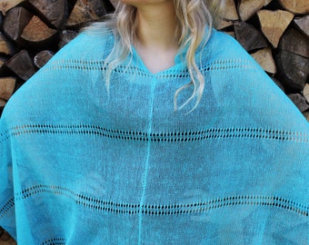 Turquoise Linen Poncho Cape Sky Blue Wrap Poncho Linen Sweater Pancho Linen Cape Scarf Knit Shawl Modern Clothing Overlay Top For Women