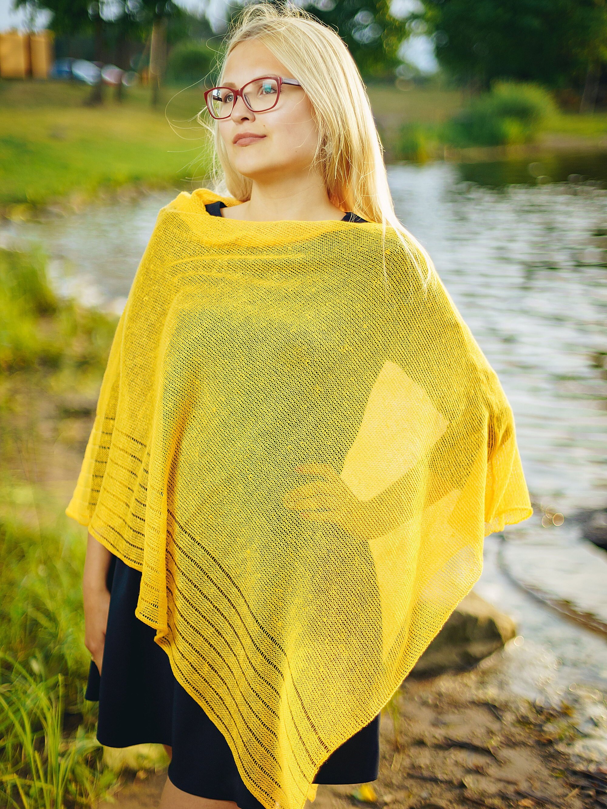Yellow Pure Linen Pancho Cape Yellow Wrap Poncho Linen Sweater