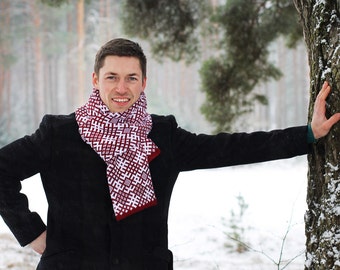 Classic scarf "Jumis" | Scandinavian Latvian design pattern | Knitted unisex scarf | Red, Blue, Grey