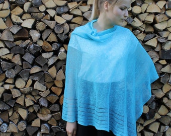 Turquoise Lin Poncho Cape Sky Blue Wrap Poncho Linen Sweater Pancho Linen Cape Scarf Knit Châle Modern Clothing Overlay Top For Women