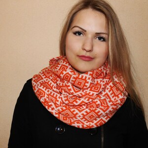 Scandinavian Latvian design Orange Infinity scarf interesting folk pattern circle scarf wrap it double as a cowl