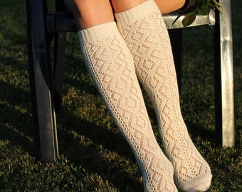 Nice elegant knit lace white women socks. Gift for her. Autumn Winter Spring fashion.