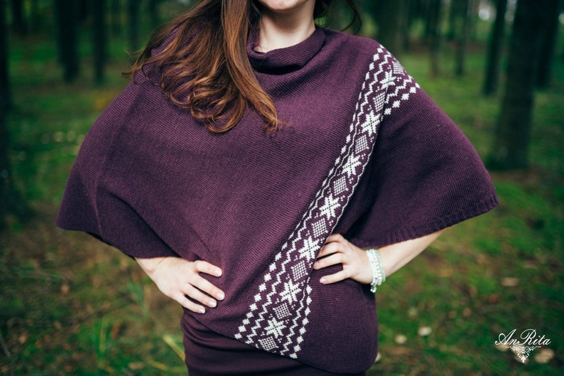 Knitted poncho AUSEKLIS Knitted shawl, cape with Scandinavian pattern Latvian Folk design Different colours image 6