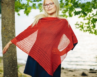 Poncho de lino rojo, capa envolvente, suéter de lino, pancho, capa de lino, bufanda, chal de punto, prenda moderna, superposición superior para mujer