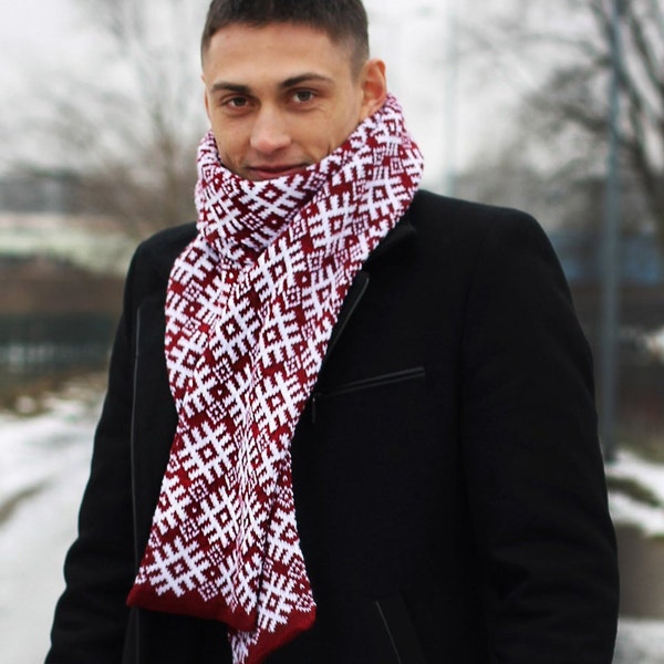 Classic scarf SAULE | Scandinavian Latvian design pattern | Knitted unisex scarf | Red, Blue, Grey