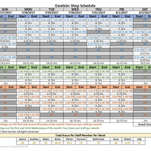 May include: A weekly schedule for a shop called Excelsior Shop, showing the hours worked by each staff member for the week of July 27th to August 2nd, 2017. The schedule includes the days of the week, start and end times, and total hours worked for each staff member.