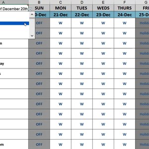 May include: A spreadsheet showing a weekly schedule for 15 people. The schedule is for the week of December 20th, 2020. Each row represents a person's name and each column represents a day of the week. The days of the week are labeled with the date and the day of the week. The schedule shows that most people are working on weekdays and have the day off on weekends. The schedule also shows that everyone has the day off on December 25th, which is Christmas Day.