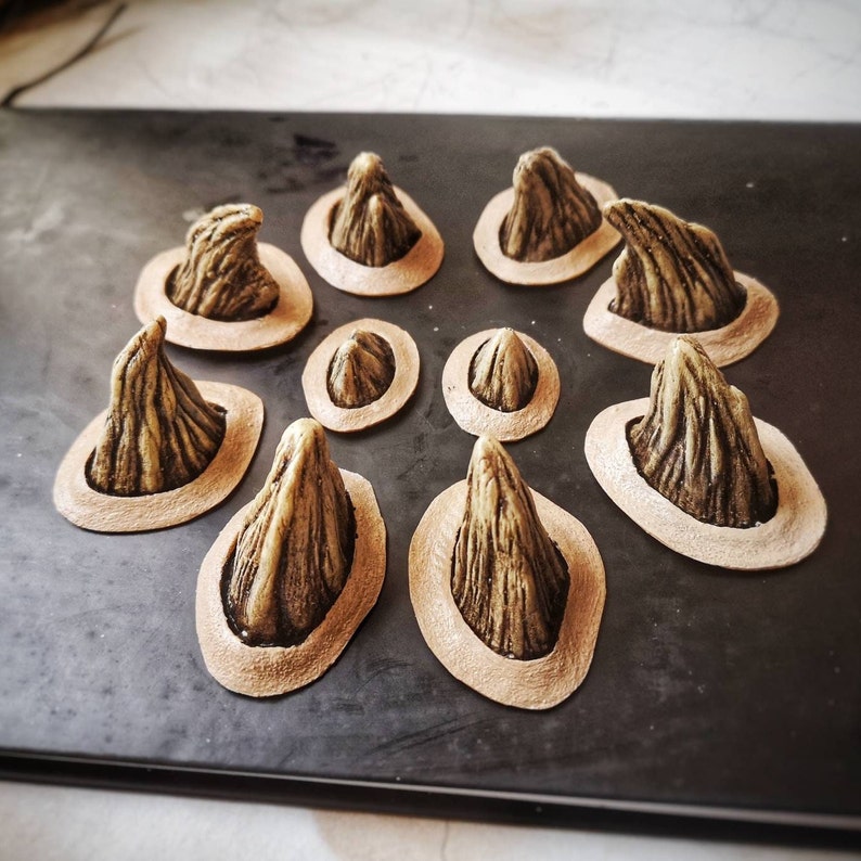 May include: A set of ten small, beige, ceramic, spiky, pointed, decorative pieces with a brown, textured finish. The pieces are arranged in a circle on a black surface.