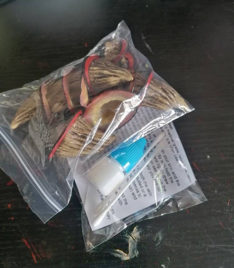 May include: A clear plastic bag containing a set of fake animal teeth, a small bottle of glue, and a cotton swab. The teeth are brown and have a red stripe around the base. The glue bottle is blue and white. The cotton swab is white.