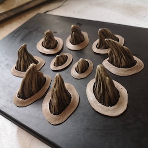 May include: Ten small, detailed, beige, resin, sculpted, pointy, horn-like shapes, each with a textured surface, are arranged in a circle on a black surface. Each horn is set in a circular, brown, raised, decorative frame.